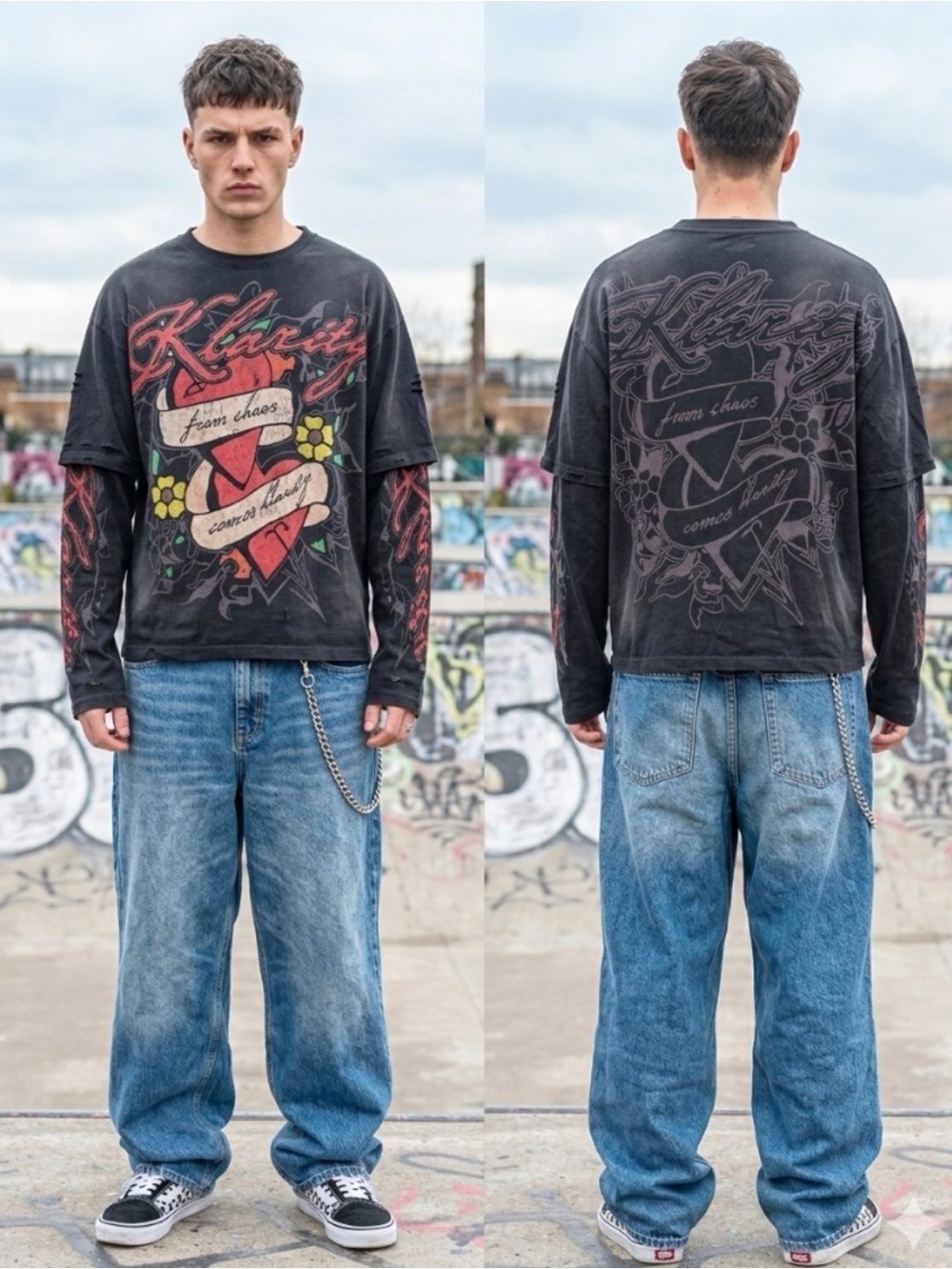 Klarity From Chaos Y2K Retro Skater Grunge Graphic Layered Long Sleeve Tee M